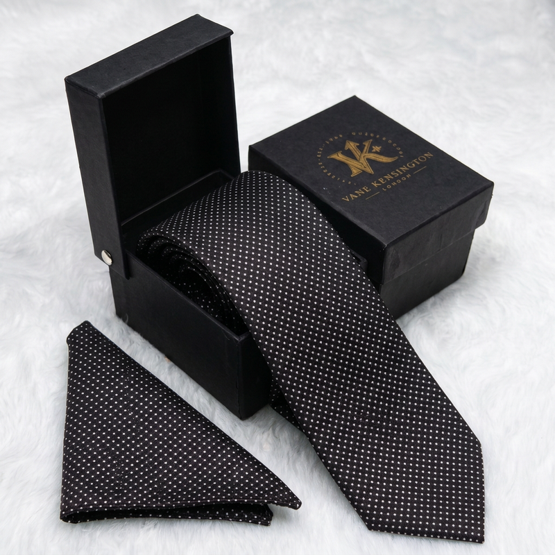 Balham Aubergine Floral Pin Dot silk tie by Vane Kensington in its gift box with matching pocket square