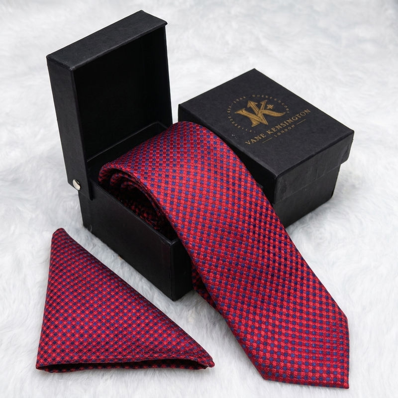 Barbican Crimson Tricolour Check silk tie by Vane Kensington in its gift box with matching pocket square