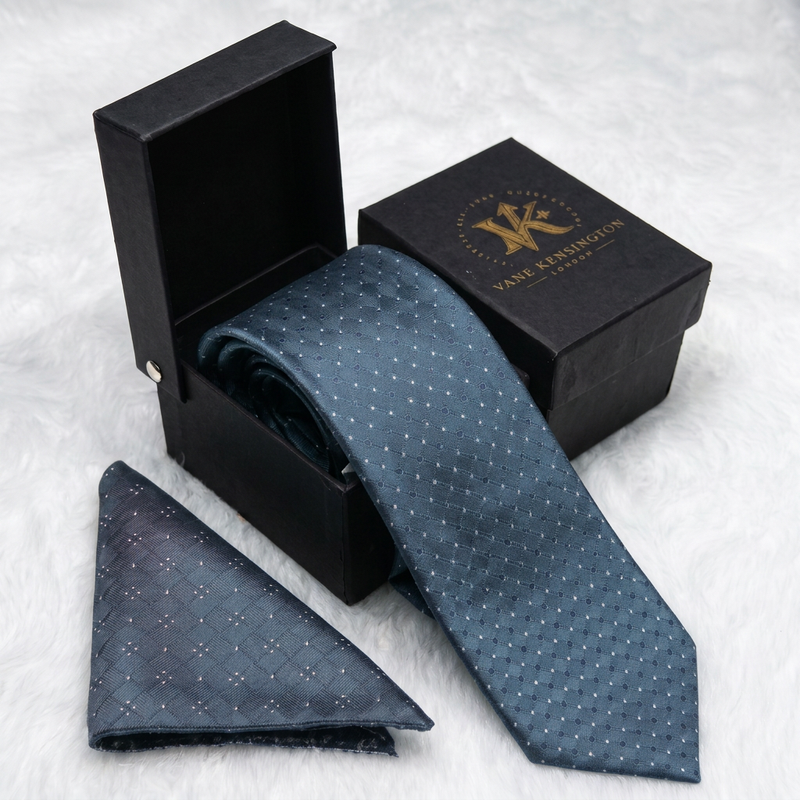 Barking Slate Blue Diamond Weave silk tie by Vane Kensington in its gift box with matching pocket square