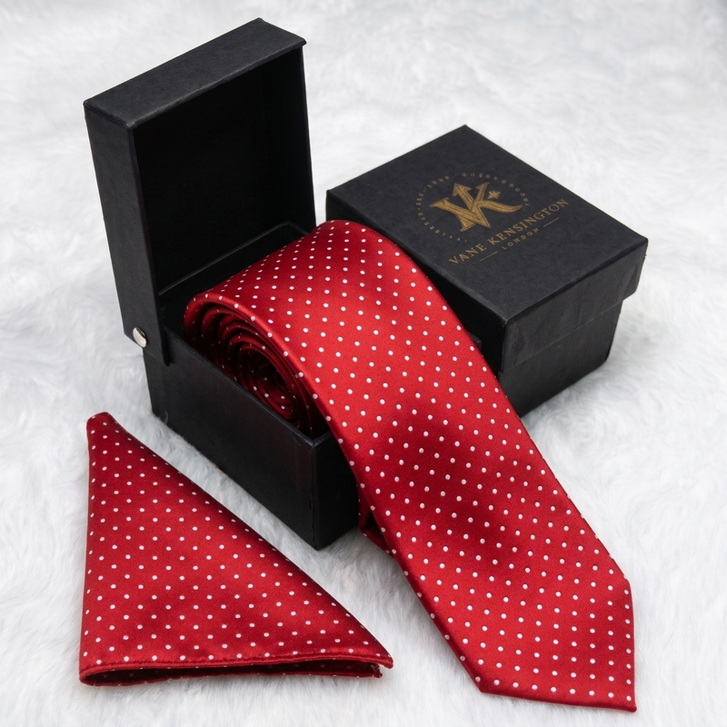 The Barnes Ruby Pin Dot Silk Tie gift box with matching pocket square