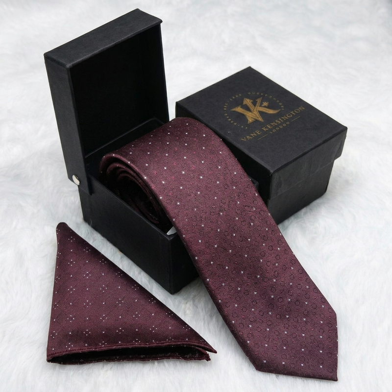The Battersea Wine Ring Dot Silk Tie - gift box with matching pocket square