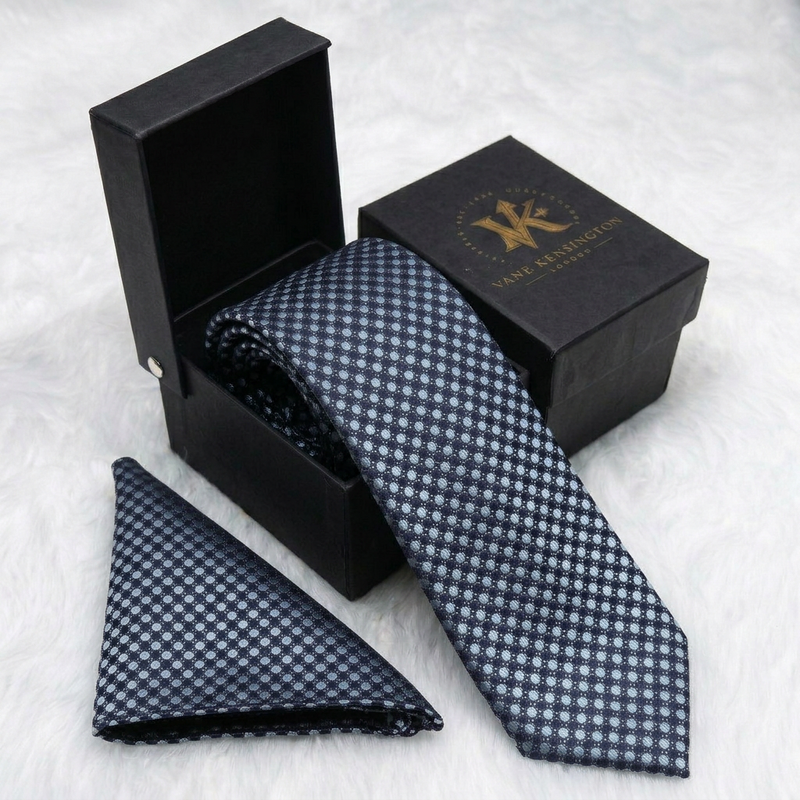 Bayswater Starlight silk tie by Vane Kensington in its gift box with matching pocket square