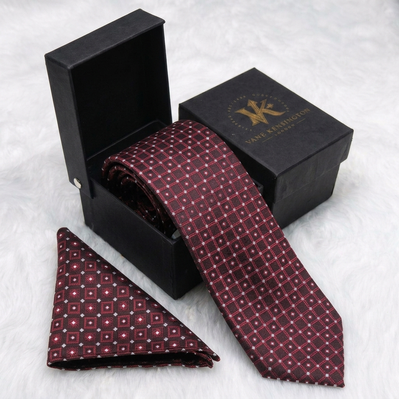 The Bermondsey Burgundy Diamond Grid Silk Tie in gift box with matching pocket square