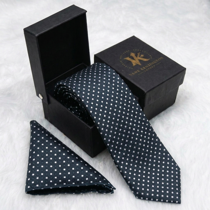 The Bethnal Green Navy Mosaic Dot Silk Tie in gift box with matching pocket square
