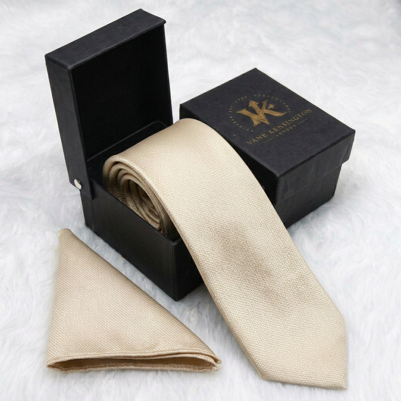 The Bexley Champagne Weave Silk Tie in gift box with matching pocket square