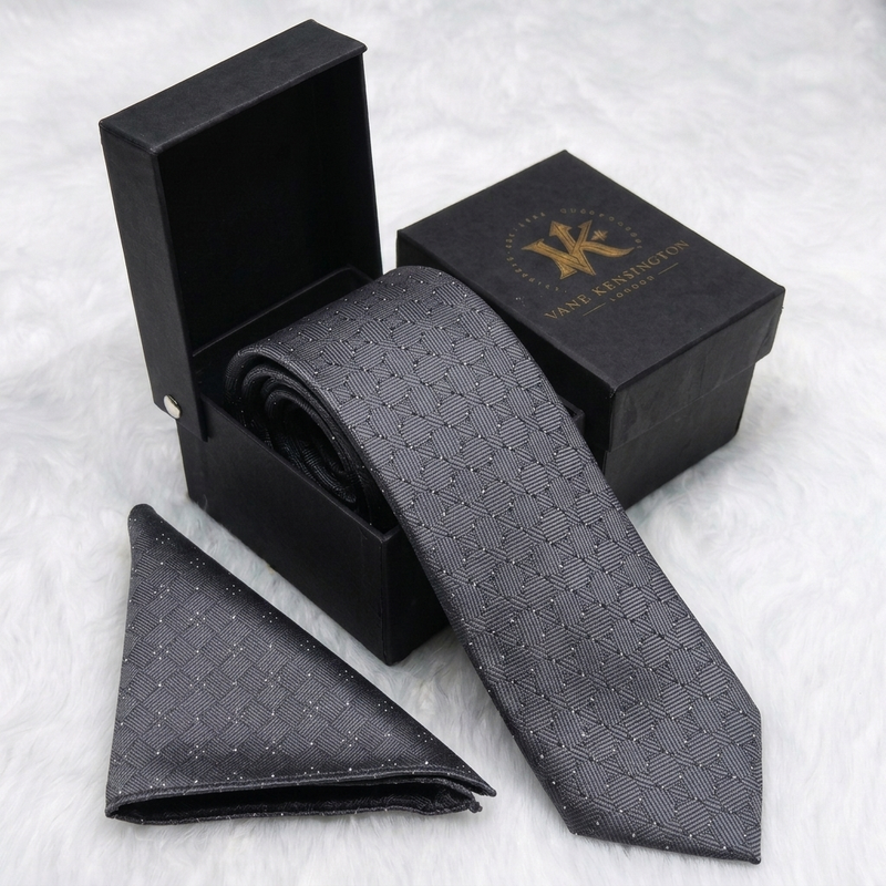 The Blackheath Charcoal Diamond Weave Silk Tie in gift box with matching pocket square