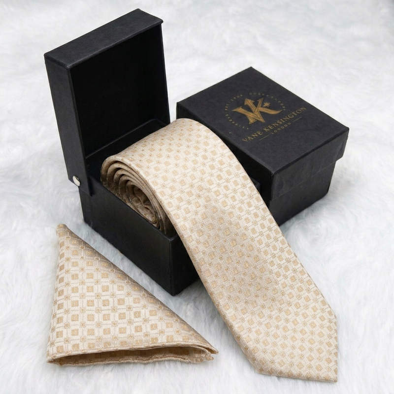 Bow Gold Link Weave silk tie by Vane Kensington in its gift box with matching pocket square