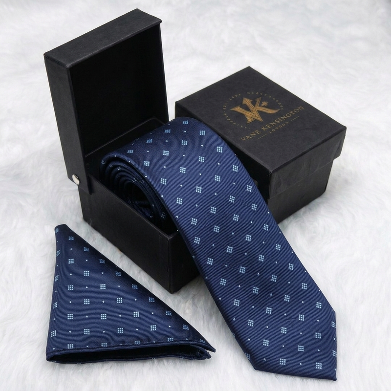 Brixton Navy Diamond Weave silk tie by Vane Kensington in its gift box with matching pocket square