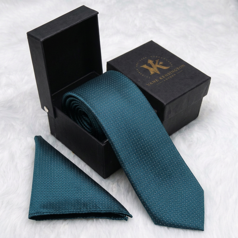 Camden Teal Weave silk tie by Vane Kensington in its gift box with matching pocket square