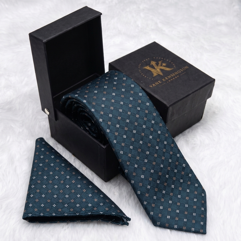 Chingford Teal Diamond Dot silk tie by Vane Kensington in its gift box with matching pocket square