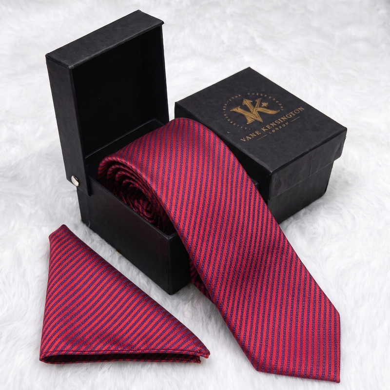 Clapham Crimson Diagonal Stripe silk tie by Vane Kensington in its gift box with matching pocket square