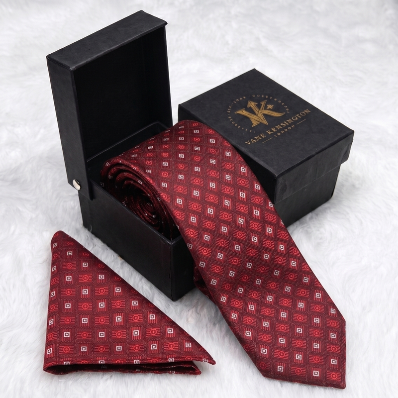 Clerkenwell Wine Basketweave Dot silk tie by Vane Kensington in its gift box with matching pocket square