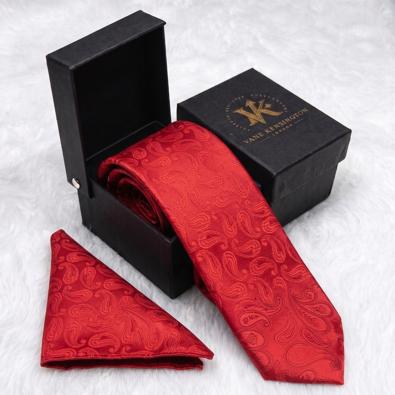 Cricklewood Ruby Paisley silk tie by Vane Kensington in its gift box with matching pocket square