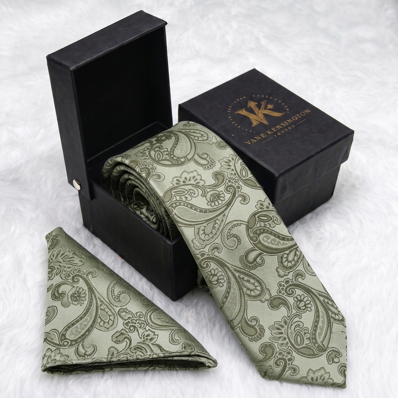 Crouch End Sage Paisley silk tie by Vane Kensington in its gift box with matching pocket square