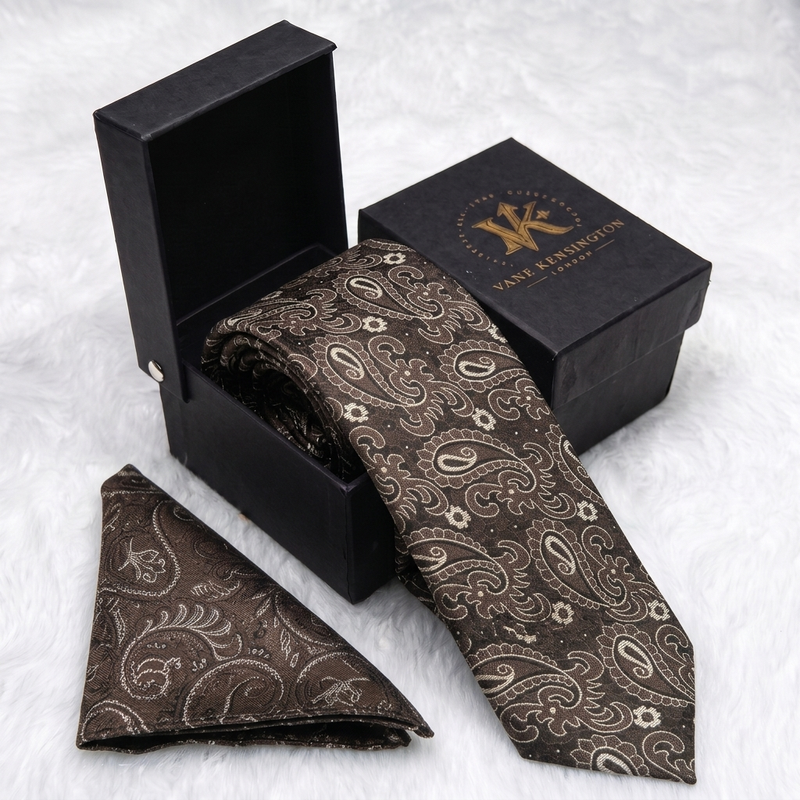 Croydon Bronze Paisley silk tie by Vane Kensington in its gift box with matching pocket square