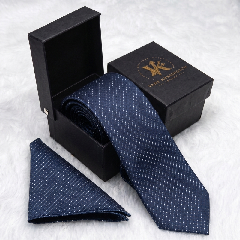 Dagenham Navy Twill silk tie by Vane Kensington in its gift box with matching pocket square