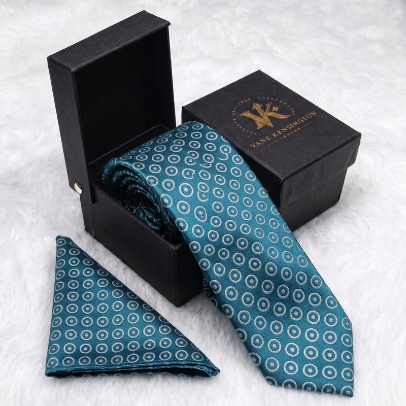 Dulwich Teal Ring Dot silk tie by Vane Kensington in its gift box with matching pocket square