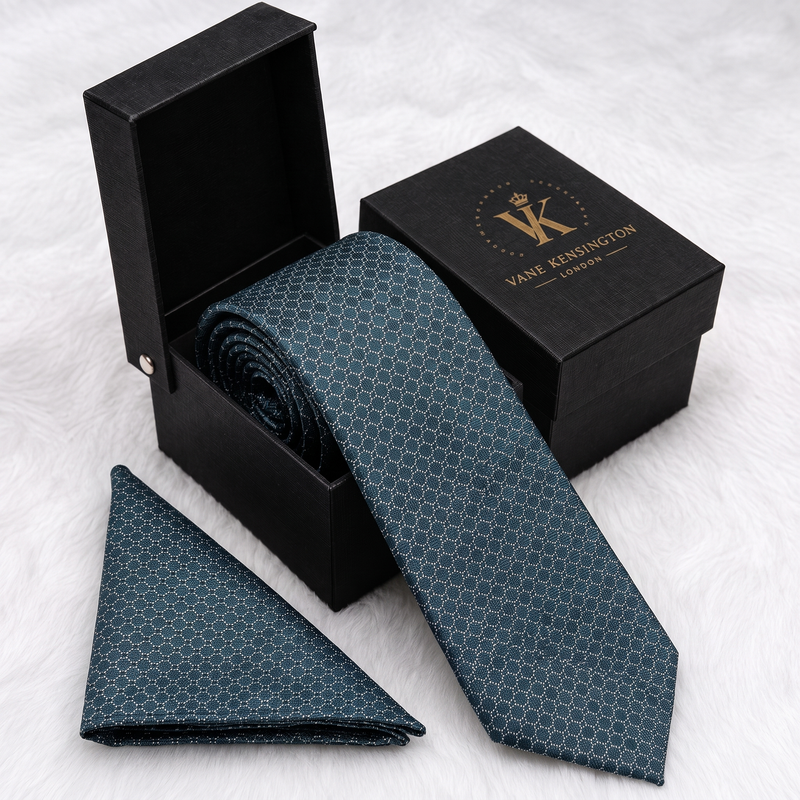 Fitzrovia Teal Diamond Lattice silk tie by Vane Kensington in its gift box with matching pocket square