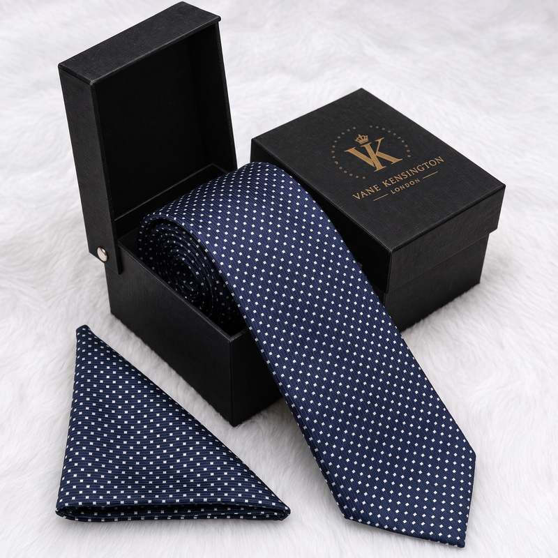 Finsbury Navy Dash Cluster silk tie by Vane Kensington in its gift box with matching pocket square