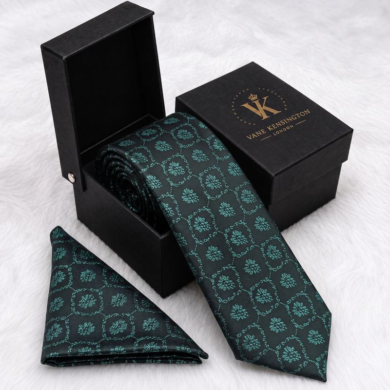 Fulham Bottle Green Medallion silk tie by Vane Kensington in its gift box with matching pocket square