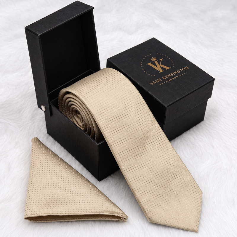 Hammersmith Champagne Dot Weave silk tie by Vane Kensington in its gift box with matching pocket square