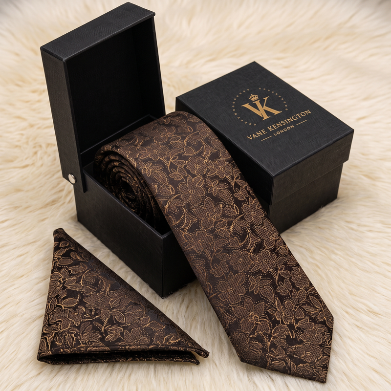 Golders Green Bronze Paisley silk tie by Vane Kensington in its gift box with matching pocket square
