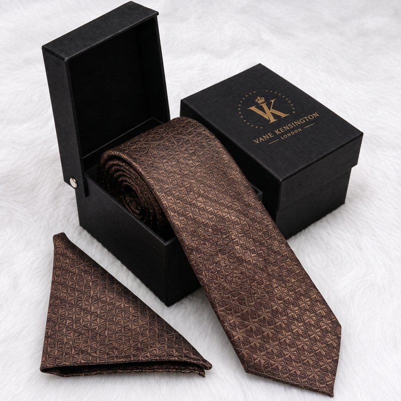 Hackney Bronze Star Weave silk tie by Vane Kensington in its gift box with matching pocket square