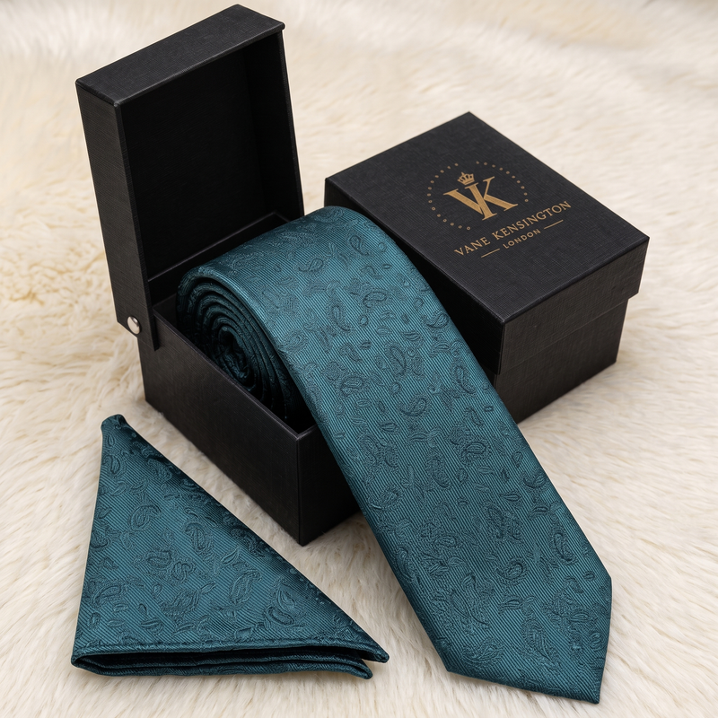 Forest Hill Teal Paisley silk tie by Vane Kensington in its gift box with matching pocket square
