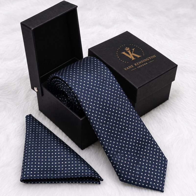 Greenwich Navy Pin Dot silk tie by Vane Kensington in its gift box with matching pocket square