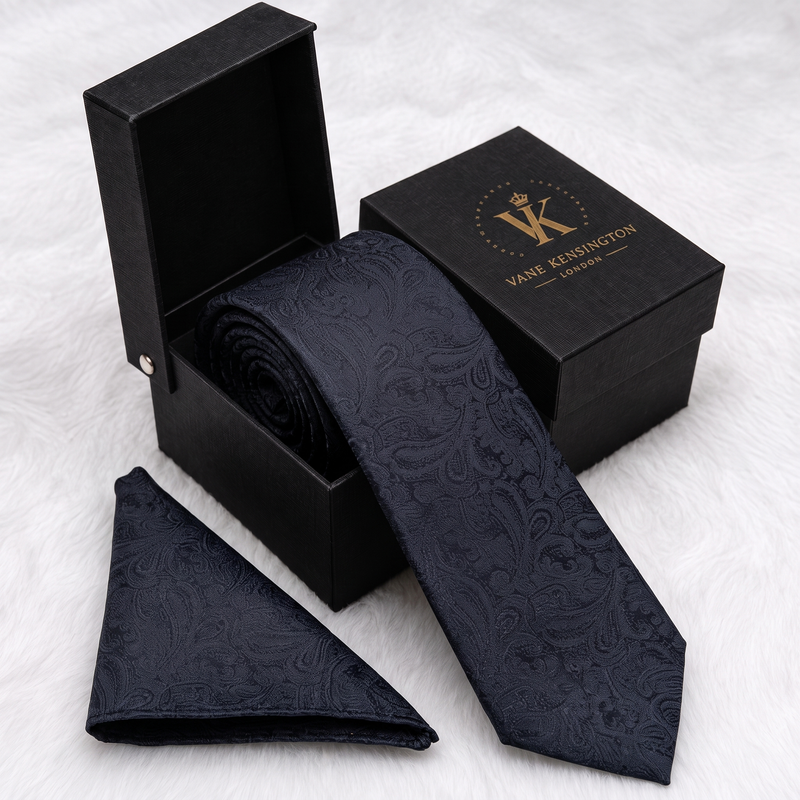 Herne Hill Midnight Paisley silk tie by Vane Kensington in its gift box with matching pocket square