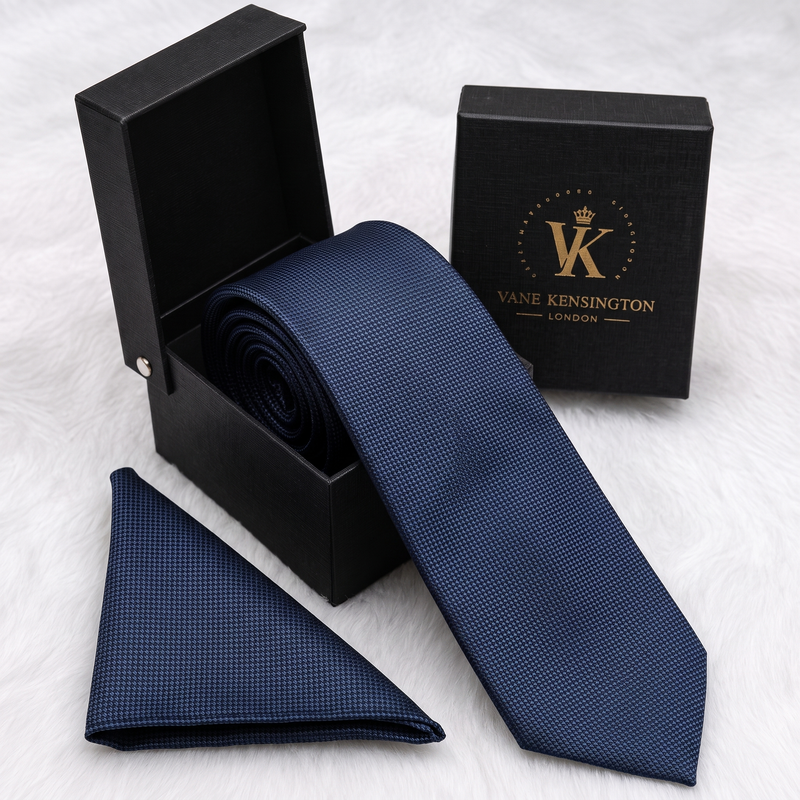 Ilford Navy Diamond Weave silk tie by Vane Kensington in its gift box with matching pocket square