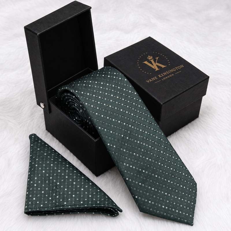 Holborn Grid Dot silk tie by Vane Kensington in its gift box with matching pocket square