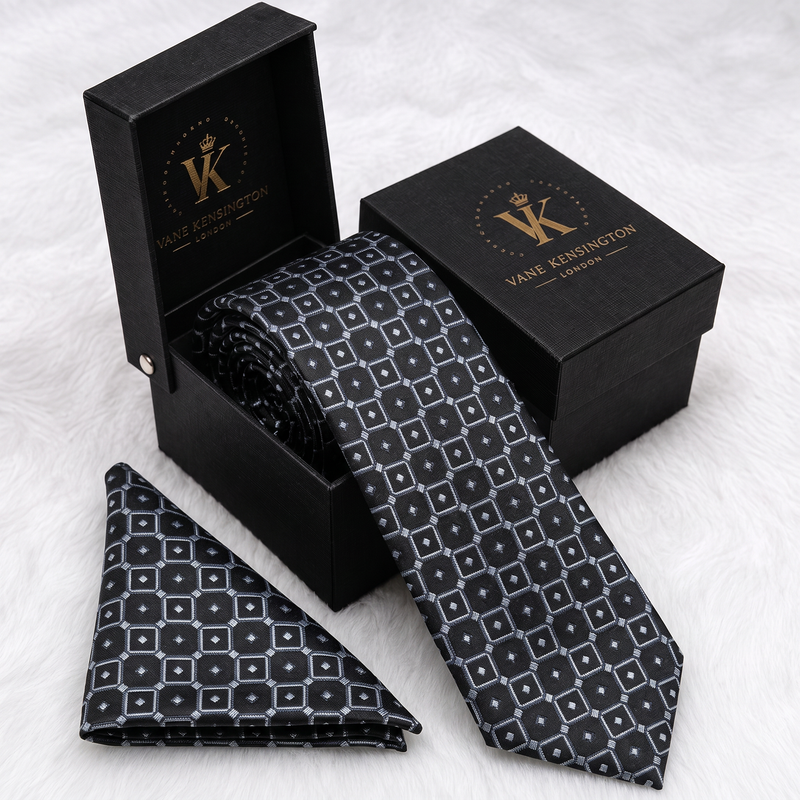 Kennington Espresso Dot Lattice silk tie by Vane Kensington in its gift box with matching pocket square