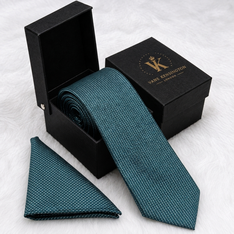 Limehouse Teal Trellis Dot silk tie by Vane Kensington in its gift box with matching pocket square