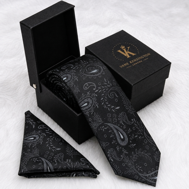 Mitcham Black Tonal Paisley silk tie by Vane Kensington in its gift box with matching pocket square