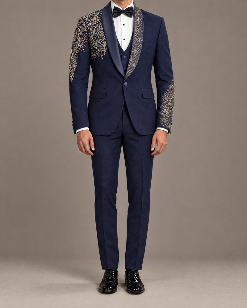 Midnight Navy Embroidered Tuxedo – three-piece with coat, waistcoat and trousers