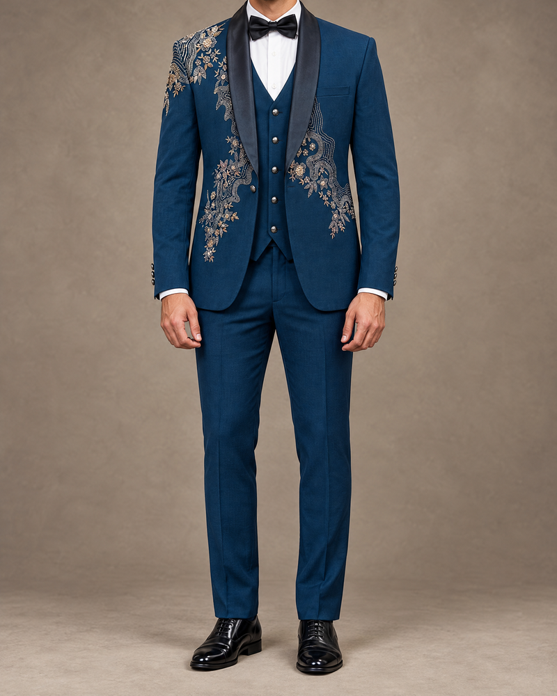 Royal Blue Gold Embroidered Tuxedo – three-piece with coat, waistcoat and trousers