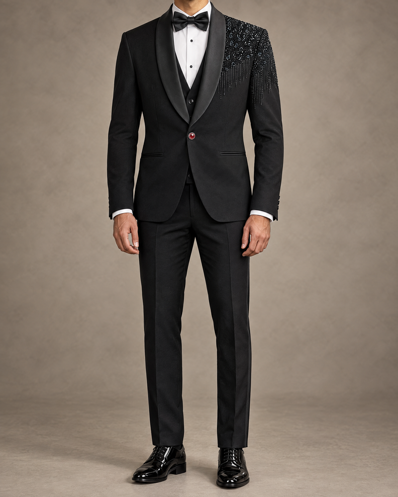Black Midnight Sparkle Tuxedo – three-piece with coat, waistcoat and trousers