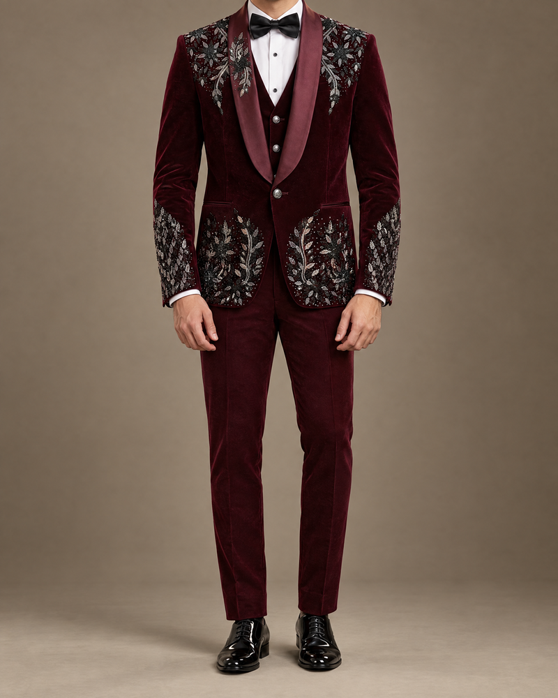 Burgundy Floral Embellished Tuxedo – three-piece with coat, waistcoat and trousers