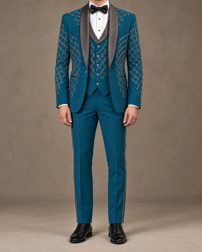 Teal Diamond Embroidered Three-Piece Suit – coat, waistcoat and trousers