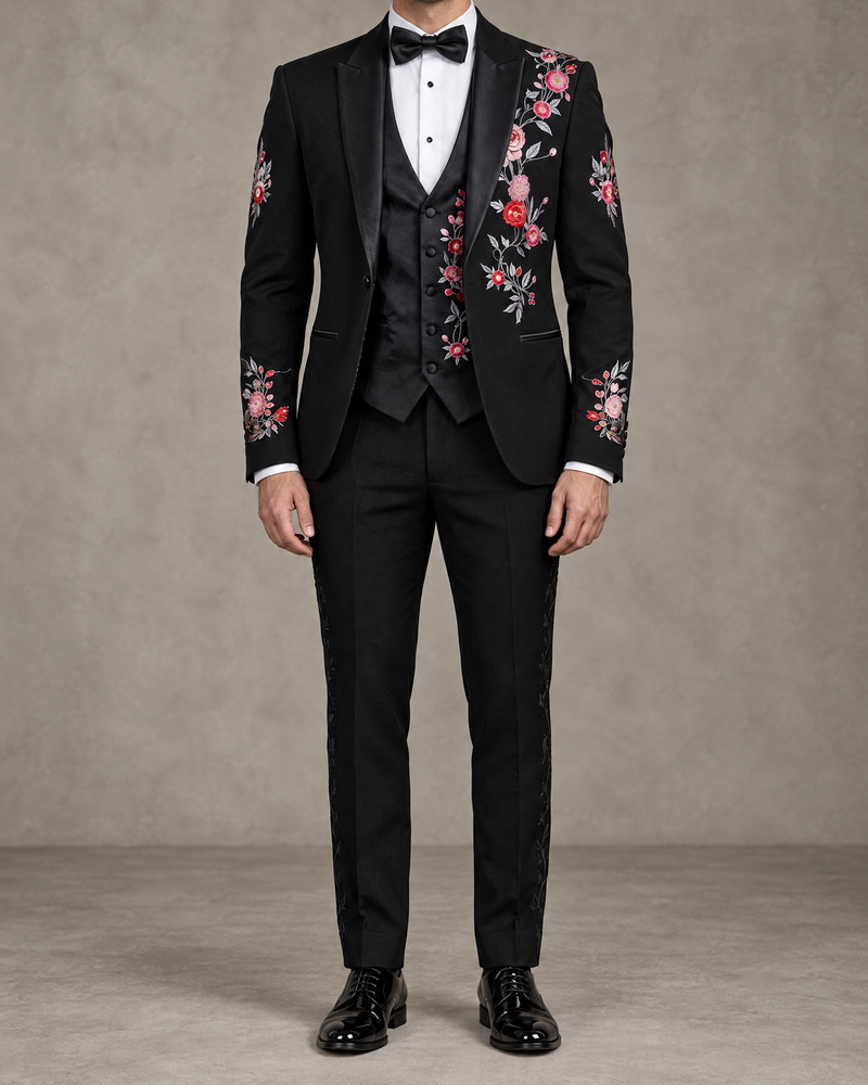Black Floral Embroidered Three-Piece Suit – coat, waistcoat and trousers