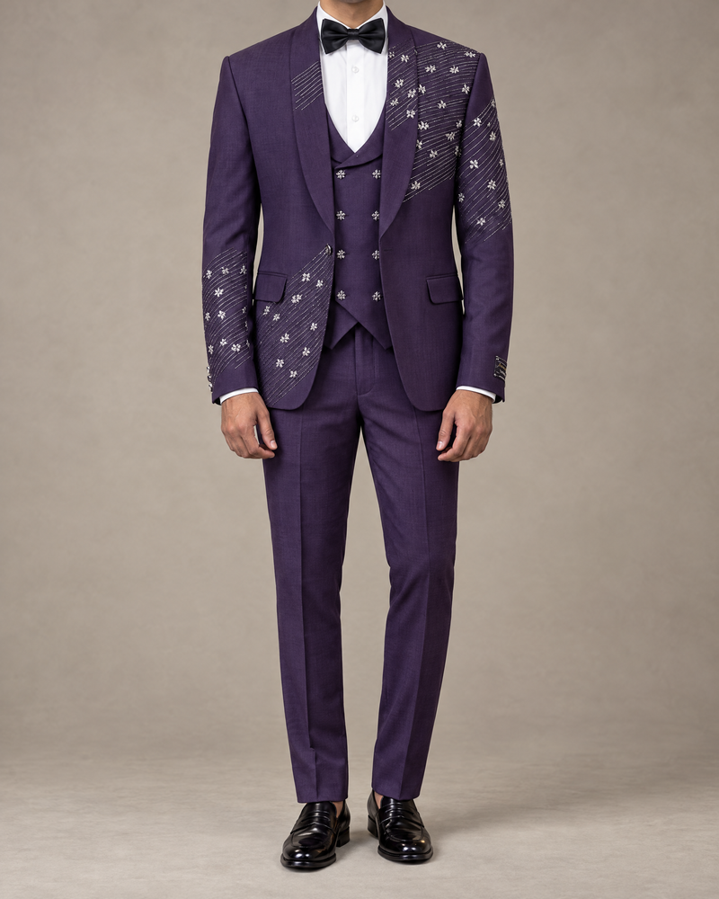 Deep Purple Embellished Three-Piece Suit – coat, waistcoat and trousers