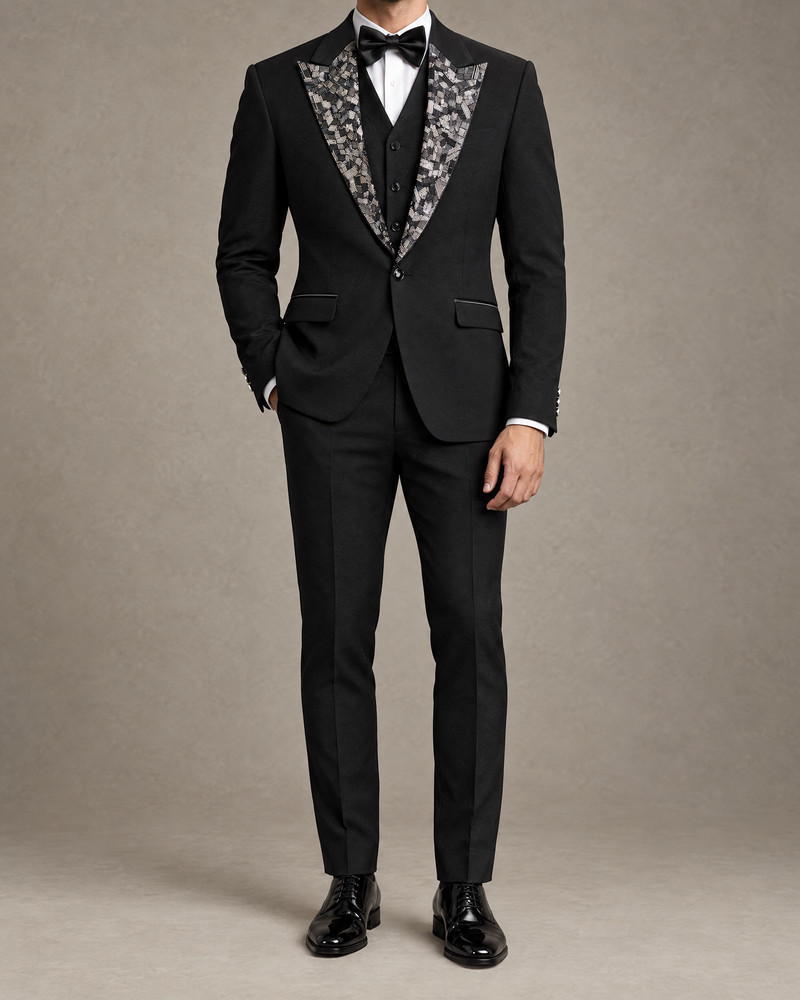 Black Geometric Lapel Tuxedo – three-piece with coat, waistcoat and trousers