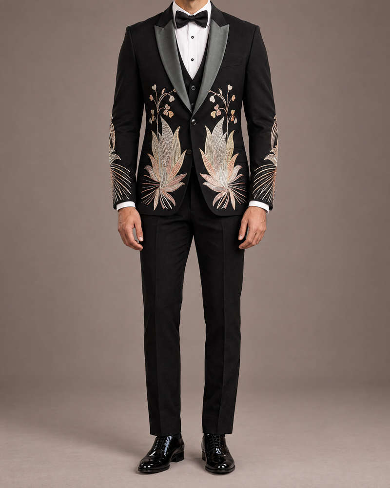 Black Botanical Embroidered Tuxedo – three-piece with coat, waistcoat and trousers