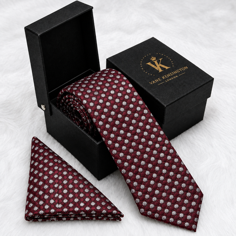 Highgate Burgundy Floral Dot silk tie by Vane Kensington in its gift box with matching pocket square