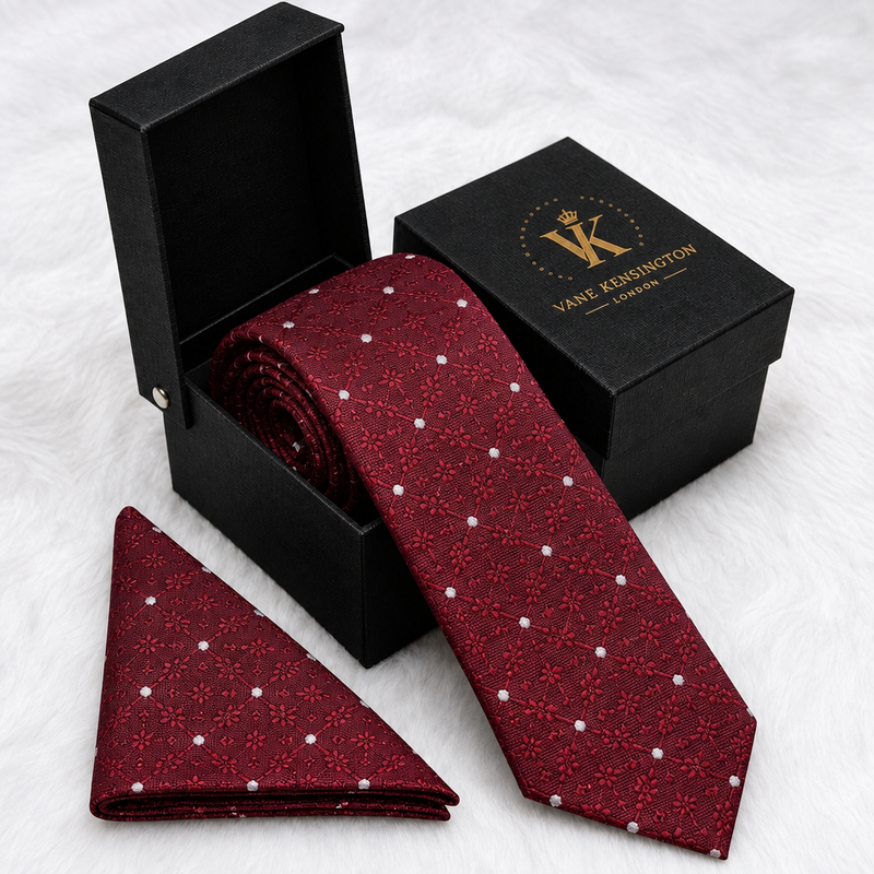 Kew Burgundy Diamond Dot silk tie by Vane Kensington in its gift box with matching pocket square