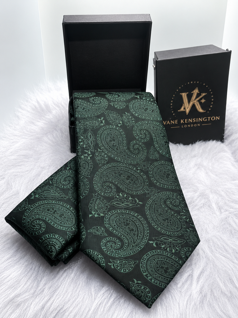 The Kilburn Pine Paisley green tie and gift box