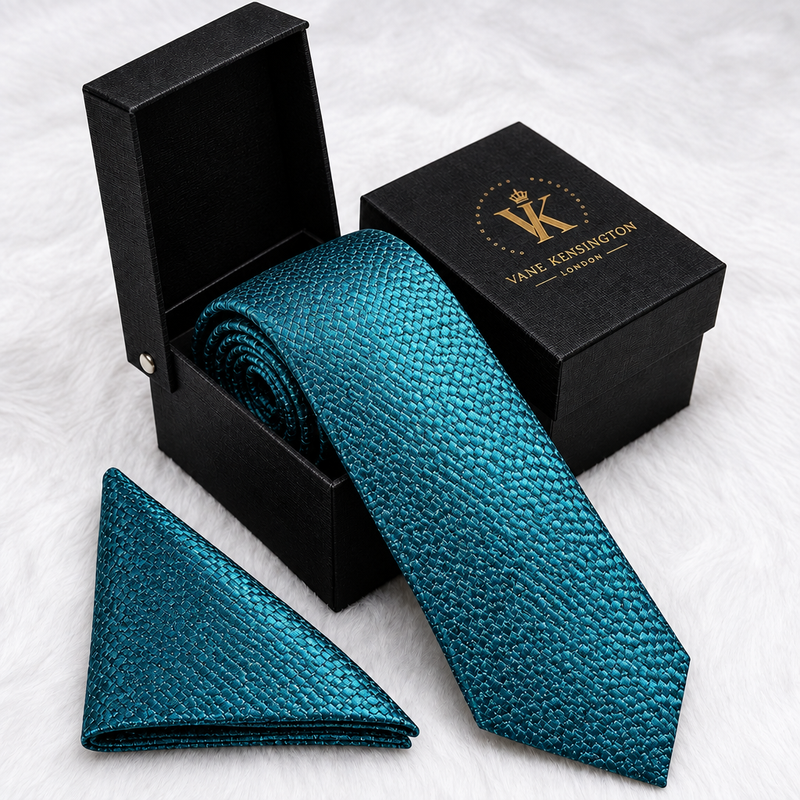 Lewisham Teal Basketweave silk tie by Vane Kensington in its gift box with matching pocket square