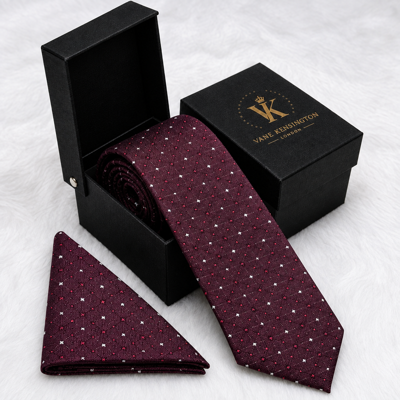 Muswell Hill Claret Dot Stripe silk tie by Vane Kensington in its gift box with matching pocket square