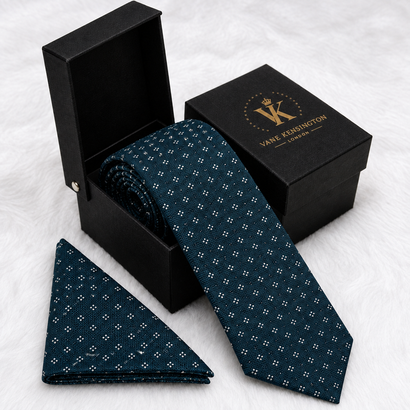 Peckham Navy Ombre Dot silk tie by Vane Kensington in its gift box with matching pocket square